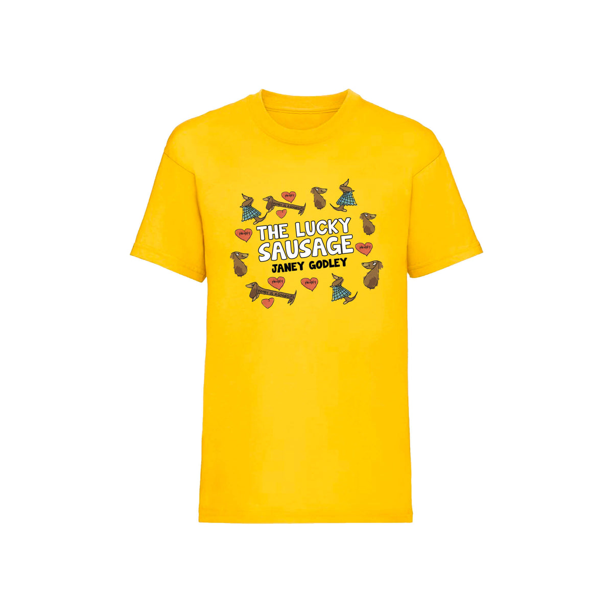 Honey the lucky sausage kids t-shirt. Janey Godley. Yellow