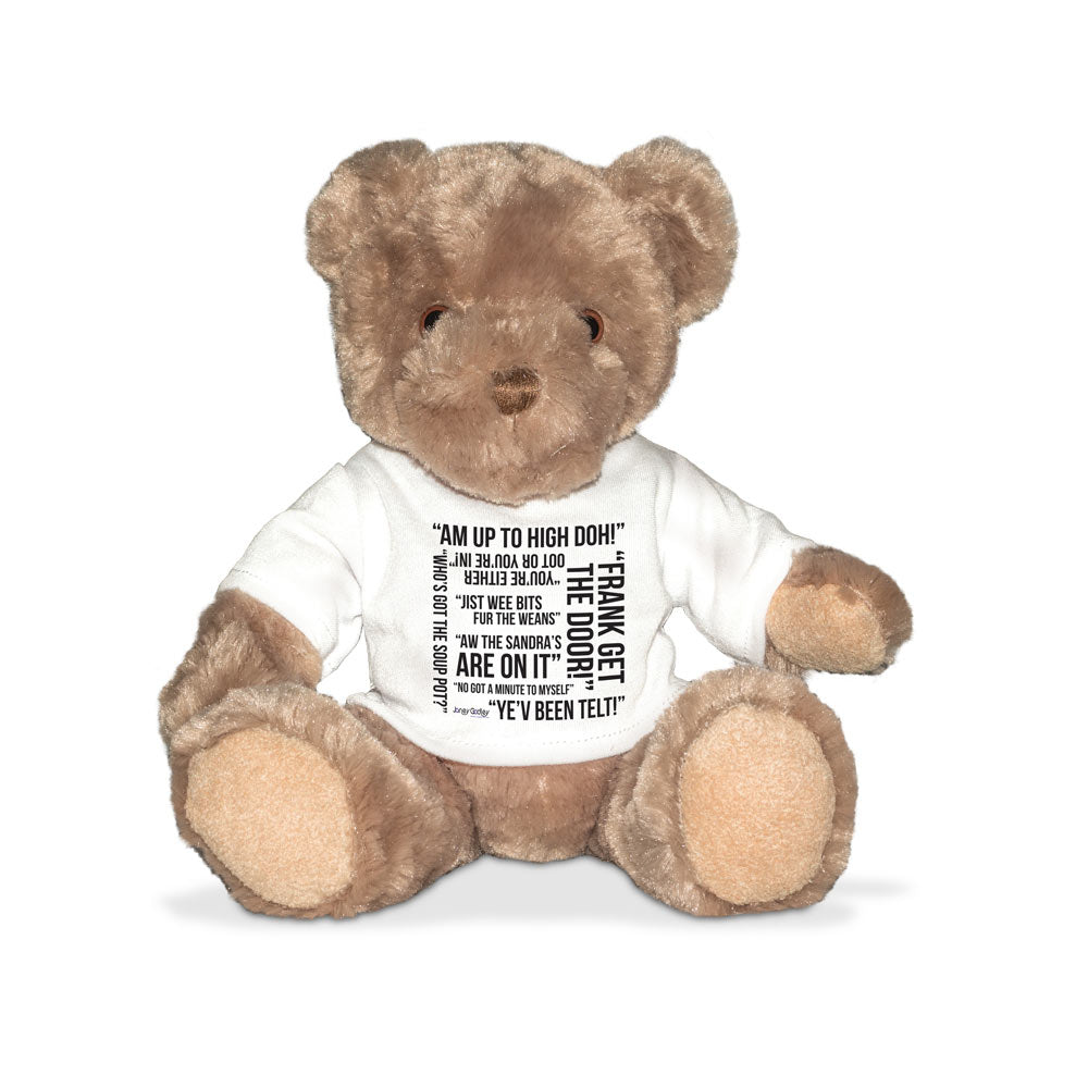 Janey Godley banter teddy bear with tee