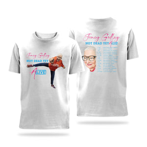 White Janey Godley Not Dead Yet Official Tour T-Shirt.