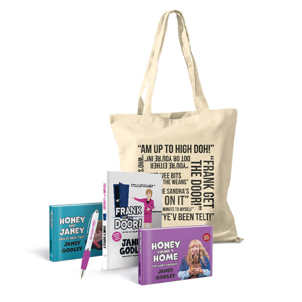 Janey Godleys Big Book Bundle featuring both Honey books, Frank Get The Door Book, Banter Tote Bag, and Ma Clicky Pen
